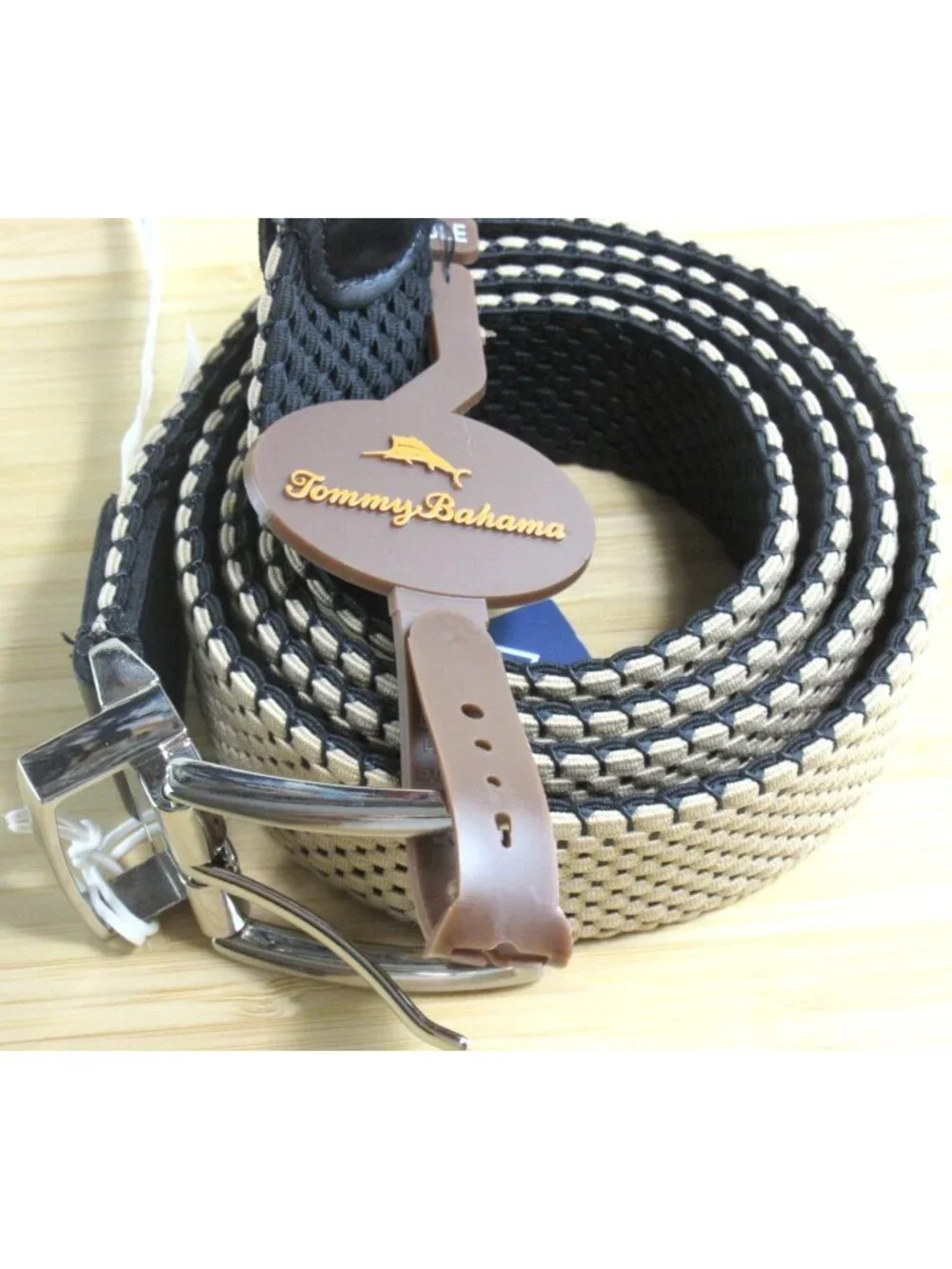Tommy Bahama Men's Reversible Fabric Stretch Belt Black Khaki Metal Buckle NWT